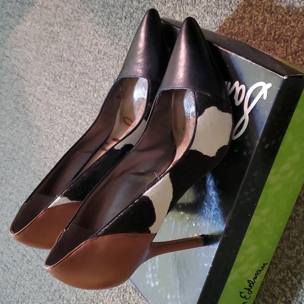 Sam Edelman Cow Print Calf Hair and Leather Heels, Size 10. Gently worn